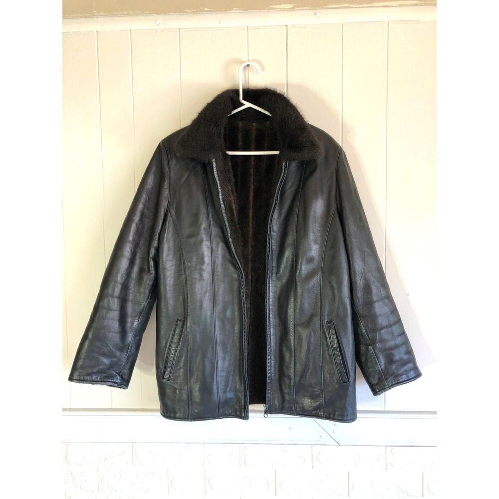 VTG Y2K Worthington Lambskin Leather Reversible Jacket Fur Coat Black Gothic M